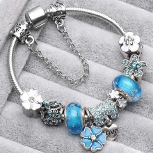 (21cm, blue) Handmade DIY Beading and Jewelry Making Charm Necklace Bracelet Pendant Pink Cherry Flower Beads European Charm Silver Beads Fit Bracelet