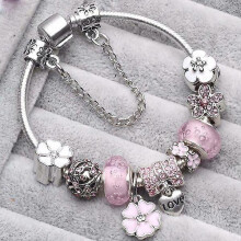 (19cm, Pink) Handmade DIY Beading and Jewelry Making Charm Necklace Bracelet Pendant Pink Cherry Flower Beads European Charm Silver Beads Fit Bracelet