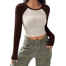 Søde Crop Tops til Kvinder Trendy Strik Ribbet Cropped T-shirt Farveblok Langærmet Figursyet Kortærmet Slim Fit Moderigtig Stil