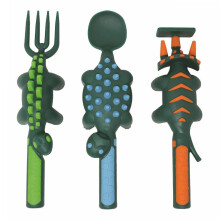 (Green Dinosaurs) 3Pcs Construction Utensils Creative Kids Dining Tool Set Spoon Fork Portable Car Cutlery