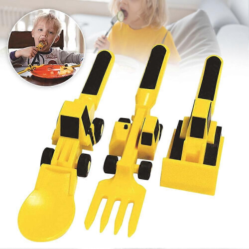(Green Dinosaurs) 3Pcs Construction Utensils Creative Kids Dining Tool Set Spoon Fork Portable Car Cutlery 2