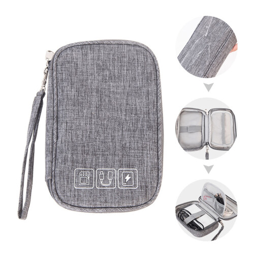 Electronics Organizer Bag Cationic Fabric Gray 19x12x3.5cm Cable Pocket 1