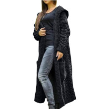 Grov strikcardigan til kvinder, åben front med hætte og rullekrave, behagelig strikfrakke med lange ærmer, varmt oversized overtøj med