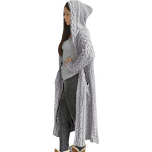 Varm sweaterfrakke til kvinder, med lommer åben foran, langærmet hætte, kabelstrik, oversized cardigan, afslappet, strækbart strikmateriale,