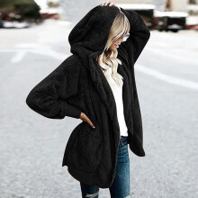 Warme Damenmäntel, Kapuzenstrickjacke aus flauschigem Fleece, Oversize-Kurzjacke mit Taschen, offenes Design für lockere Passform