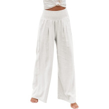 Women's Linen Palazzo Pants, Loose Fit Wide Leg Flowy Trousers with Pockets High Waisted Elastic Waist Design, Cotton Linen Beach Wear for Maternity