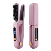 (Pink) 2-in-1 Ionic Hair Styler Wireless Hair Straightener Brush & Hair Curler for Home Travel