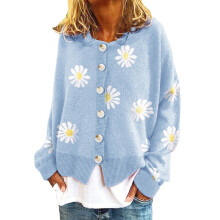 Locker geschnittener Cardigan für Damen, V-Ausschnitt, lange Ärmel, Knopfleiste, offener Strickpullover mit Blumenmuster im lässig-schicken Design