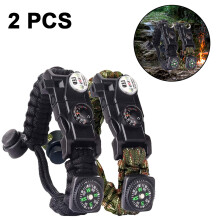Pulseira de sobrevivência em paracord, equipamento tático para atividades ao ar livre, iniciador de fogo, bússola, apito de emergência, nível