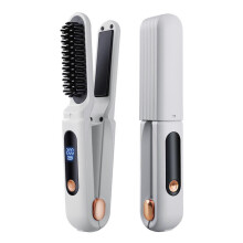 (White) 2-in-1 Ionic Hair Styler Wireless Hair Straightener Brush & Hair Curler for Home Travel