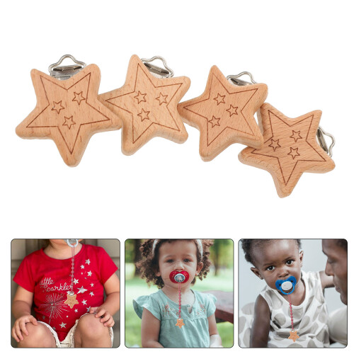 4Pcs Baby Wooden Pacifier Holders Multi-Use Light Brown Clips 2