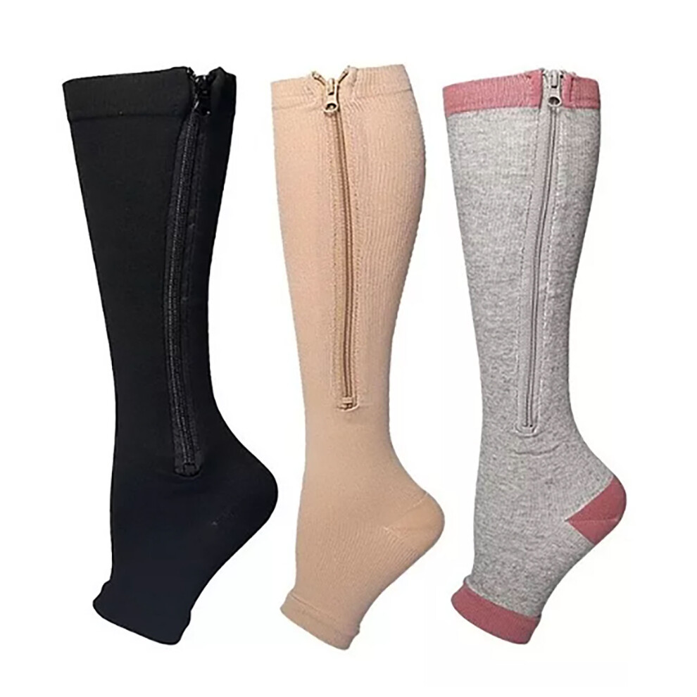 3 Pairs Zipper Nylon Compression Socks for Walking Running XXL, 3 Colors