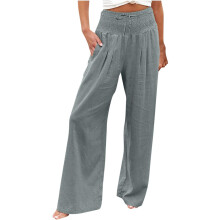 Losse linnen broek voor dames, palazzo broek met hoge taille en wijde pijpen, elastische tailleband, ademende stof, casual loungebroek met zakken,