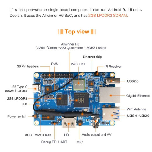 2X voor Orange Pi 3 LTS Development Board 2G8G EMMC met +BT5.0, AllWinner H6 SoC, Open Source Board Computer, Run Android 1