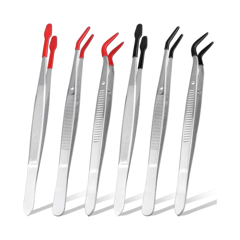 Semoic 6Pieces Stainless Steel Tweezers With Rubber Tips,