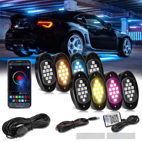 RGB LED Rock Lights, Multifunction Neon Underglow Waterproof Light with APP Control Multicolor Lights for ATV UTV SUV,A 2