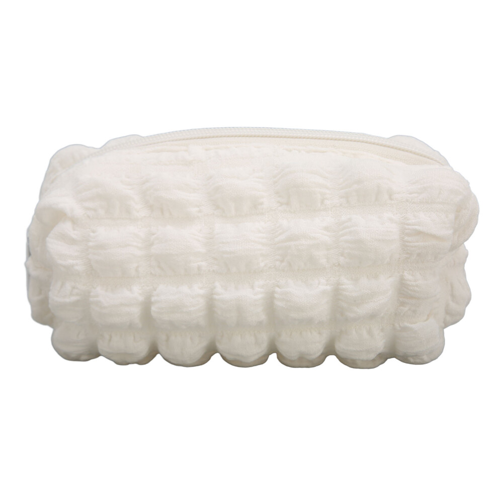 Quilted Makeup Pouch Fluffy Cosmetic Bag Travel Toiletry Organizer With Debossed Text Smooth Closure Tear Resistant Fabric Easy Clean Surface