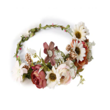 Blomsterkirlande medaljon til kvinder, justerbar blomsterkrone med båndhalo i rødbrun, blød og fløjlsblød tekstur fekrone til brudefestbrug,
