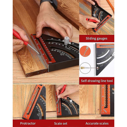 Carpenter's Square, Multifunctional Triangular Protractor, Foldable Triangular Ruler, Aluminum Marking Tool with Automatic Pencil and Refill, Suitable 2