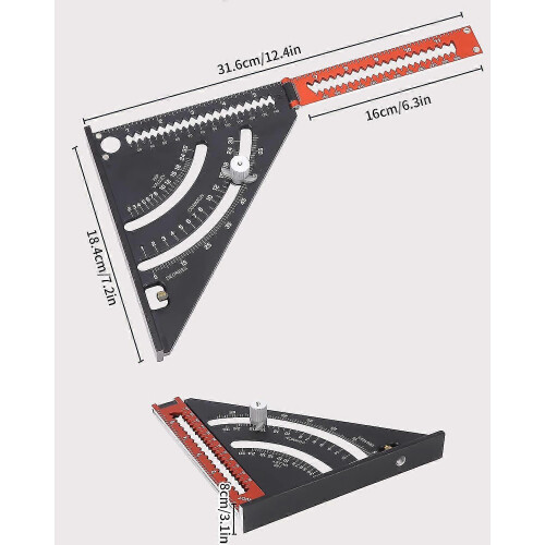 Carpenter's Square, Multifunctional Triangular Protractor, Foldable Triangular Ruler, Aluminum Marking Tool with Automatic Pencil and Refill, Suitable 1