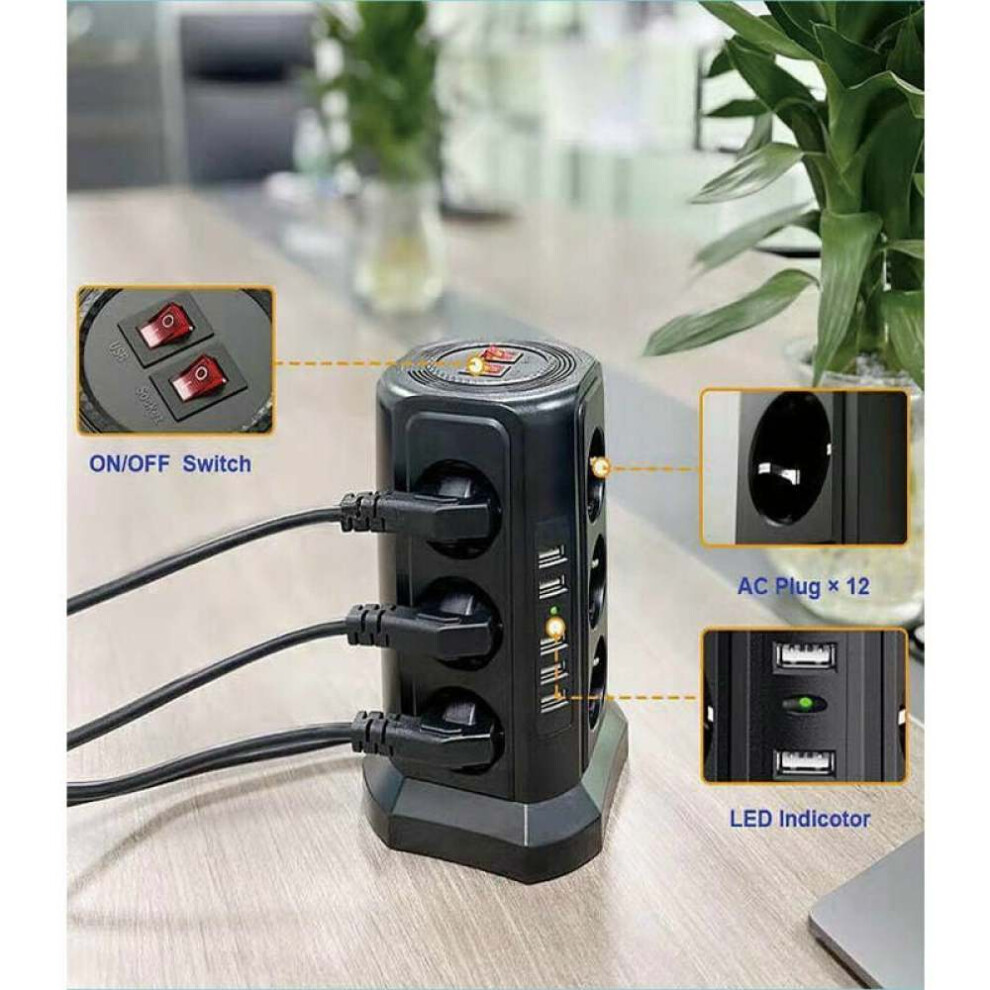 Heavy Duty Power Strip Tower, Surge Protector With Ultra-Safe Charging Station, For Home Office, Black, High-Quality Design, Neat And Tidy Space 9169997262264