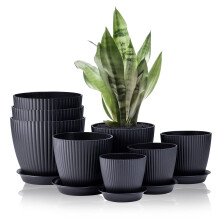 FORAGIFT 8 Pack Plant Pots Indoor, 19/17.5/16.5/16/14/13/11.5/10cm Stripe Grooves Plastic Flower Pots with Drainage Holes and Tray, Modern Decorative