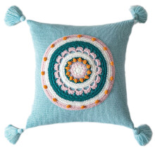 Boho Knitted Throw Pillow for Case with Tassels-Aqua green