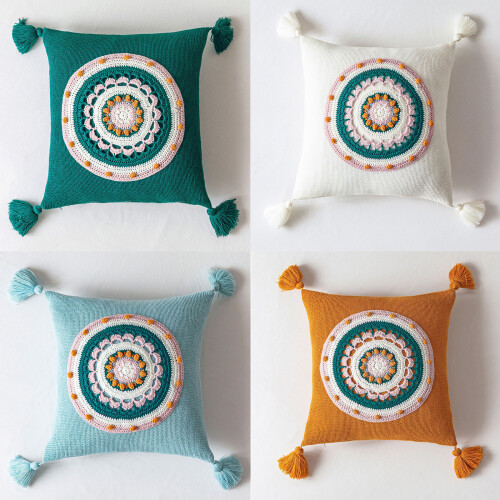 Boho Knitted Throw Pillow for Case with Tassels-Aqua green 2