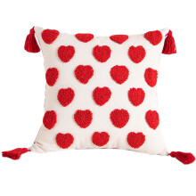 Heart Tufted Tassel Pillowcase Cotton-White red heart