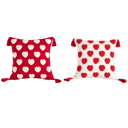 Heart Tufted Tassel Pillowcase Cotton-White red heart 1