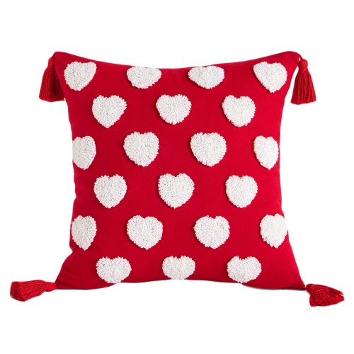 Heart Tufted Tassel Pillowcase Cotton-Reddish white heart