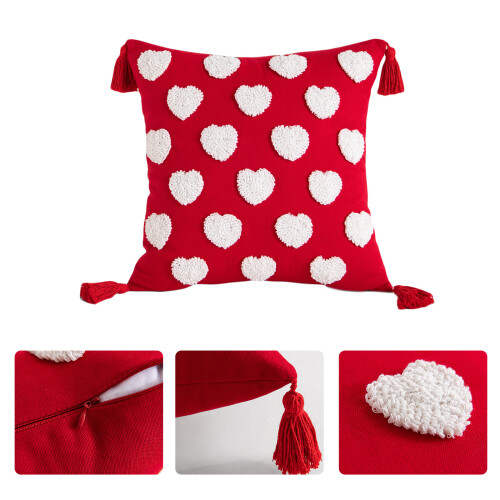 Heart Tufted Tassel Pillowcase Cotton-Reddish white heart 1