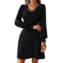 Vestido justo e sexy, vestido de malha feminino com mangas compridas bufantes e barra evasê, vestido casual de tricô com decote em V em tecido