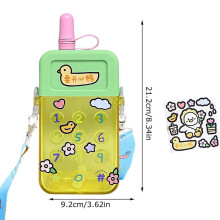 (Green) Kawaii Mobile Phone Shaped Water Bottle Straw Shoulder Straps Leakproof Sealing Ring Bottles Students Gym Finesse Fashion