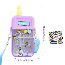 (Purple) Kawaii Mobile Phone Shaped Water Bottle Straw Shoulder Straps Leakproof Sealing Ring Bottles Students Gym Finesse Fashion