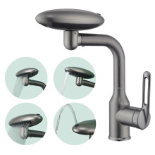 (gray) 4-Mode Waterfall Basin Faucet with 360 Degree Swivel Spout - Cold/Hot Water Bathroom Sink Faucet for Vanity & Lavatory