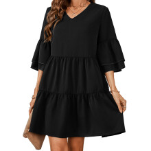 Abito Babydoll Swing da donna, abito Swing Shift con scollo a V, abito casual ampio e fluente con volant in tinta unita con maniche lunghe e