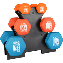 Bestfor Neoprene Dumbbell Set - 18kgs (2 x 1kg, 2 x 3kg, 2 x 5kg) With Stand For Fitness, Workouts, Strength Training For Men and Women At Home and G