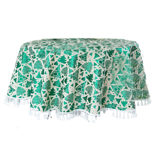 Christmas Tree Round Tablecloth Xmas Cotton Printed-1 Green