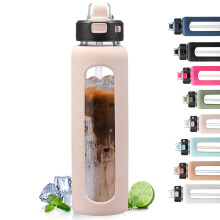 BLUEGO 900ml Glass Water Bottle with Handle and Straw Drinking Hydration Bottle with Silicone Sleeve and Time Marking Motivational Water Bottle for G