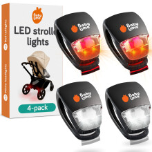 Baby Uma LED Pushchair Lights (4 Pack) - Universal with 3 Light Modes (Constant/Pulse/Strobe), Pram & Bike Lights Front and Back (2 White Headlights