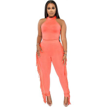 (m, fluorescent orange) Sexy Tight Vest Tassel Women's Fashion Casual Suit