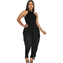 (XXL, black) Sexy Tight Vest Tassel Women's Fashion Casual Suit
