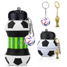Kids Collapsible Football Water Bottle - World Cup Trophy & Soccer Shape Keyring, BPA-Free 550ml / 19oz - Silicone Foldable Sports Water Bottle - Per