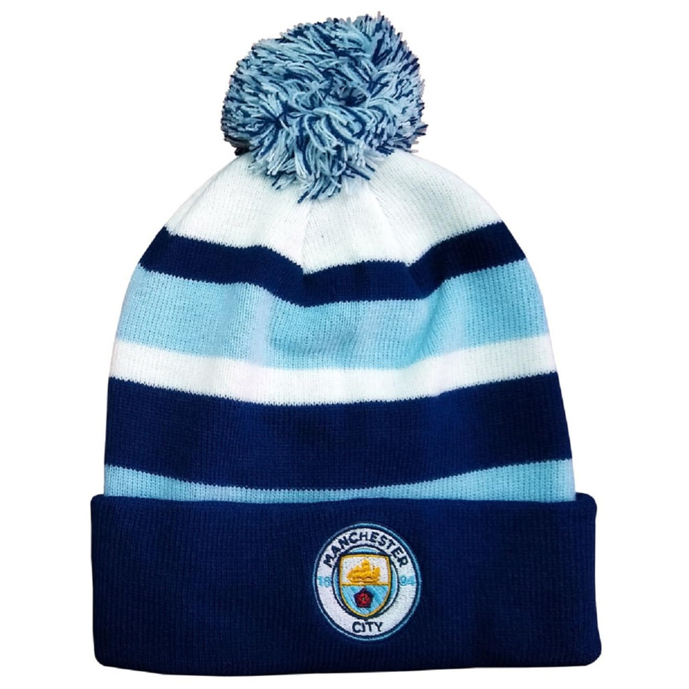 Fan Ink Man City Bronx Turn Up Knitted Bobble Hat Sky Navy White Blue,White