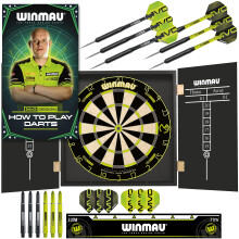 WINMAU Dartboard Cabinet Set Michael van Gerwen MvG Darts Cabinet | Dartboard | 2 x Sets of Darts & Accessories | Professional Oche Strip | How to Pl