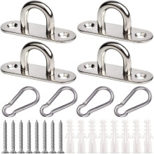 EGGMARCH 4 Set M6 Pad Eye Plate and Carabiner Clips, Stainless Steel Oblong Eye Plate Metal Staple Ring Hook Suspension Ceiling Hooks with Screws and