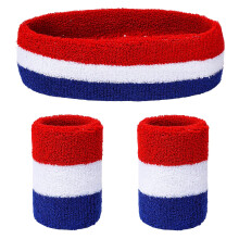 Yolev Striped Sweatband Set Sports Headband Wristband Set(1 Headband and 2 Wristbands) Sweatbands for Athletic Men and Women (Style F) Red White Blue