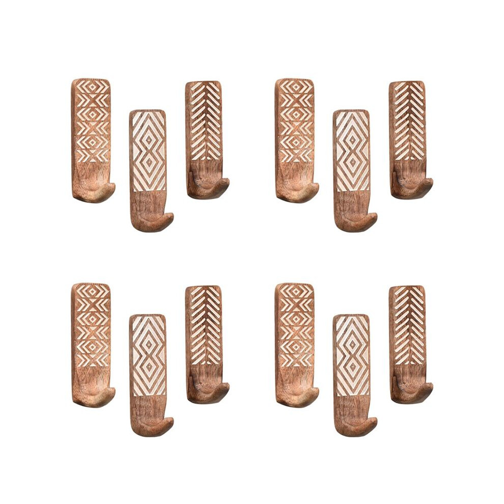 12 Pack Non-Destructive Wood Wall Hooks - Adhesive Wall Hooks - Boho Decorative Wall Hooks 4712914603234