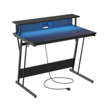 Scrivania da gaming con LED e multipresa, tavolo gamer, scrivania informatica con rialzo per schermo per 2.